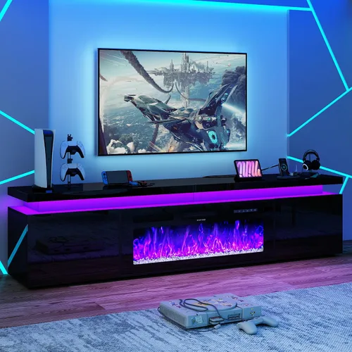 St.Mandyu Soporte de TV con chimenea para TV de 80 pulgadas, soporte de TV LED de 71 pulgadas con chimenea eléctrica de 40 pulgadas y toma de