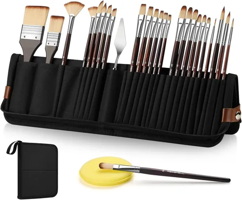 REDSHELL Set de pinceles de 26 piezas, pinceles de acuarela y acrílico para viajes con planos, Filbert, abanico, daga, lengua de gato, redondos,