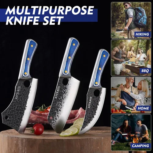 Miniatura 4 de KITNATS Juego de cuchillos de carnicero de 3 piezas, juego de cuchillos de cocina forjados a mano, picador de huesos, cuchillo de carne y cuchillo