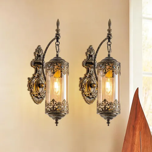 Vintage Wall Sconce with Amber Glass, Rustic Black Brushed Gold Farmhouse Wall Light Fixture, Antique Gothic Decorative Metal Wall Lamp for Hallway,