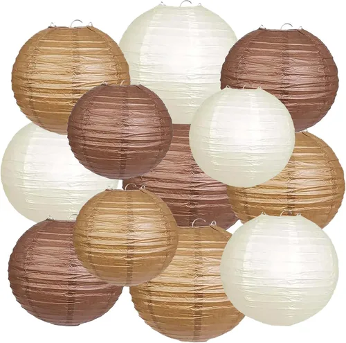 Paquete de 12 linternas de papel marrones, crema, color tostado, colgantes redondas, decorativas para graduación, baby shower, boda, cumpleaños,