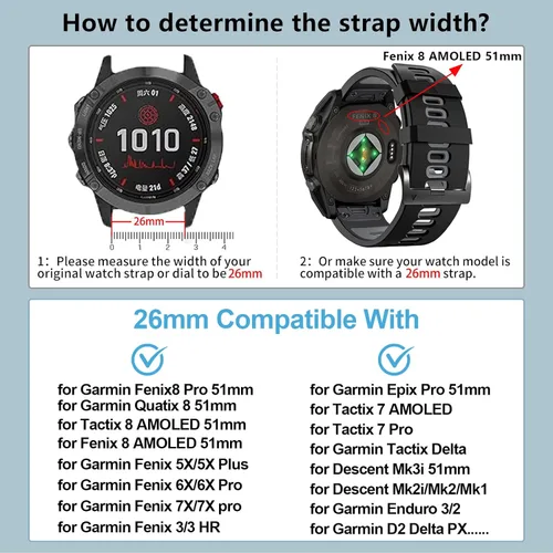 Miniatura 2 de ZPJPPLX 26mm Correas de reloj de fácil ajuste para tactix 8 Fenix 8 51mm 7X Pro 6X 5X, correas deportivas de silicona suave compatibles para Garmin