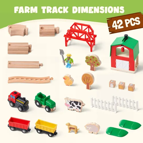 Miniatura 7 de Giant bean Juego de tren de granja de madera de 42 piezas para niños pequeños, tren que funciona con pilas, vía de tren con puente, granero, Juego