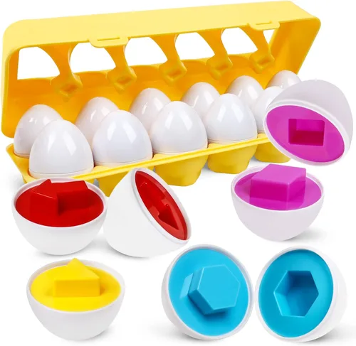 Montessori - Juego de 12 huevos geométricos, juego de rompecabezas de huevos de color y forma, huevos a juego para niños pequeños de 1 a 3 años,