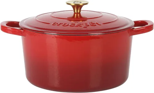 Crock Pot Artisan - Cacerola redonda de hierro fundido esmaltado estilo horno holandés de 6 cuartos de galón, con tapa - Rojo degradado