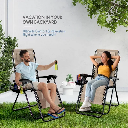 Miniatura 9 de Nestl Zero Gravity - Juego de 2 sillas de patio al aire libre con almohadas y bandejas portavasos, silla de campamento reclinable de malla de acero