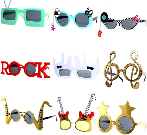 Paquete de 9 gafas de sol divertidas de música rock, decoración de los años 80 y 90, suministros de fiesta de música retro, radio, estrellas,