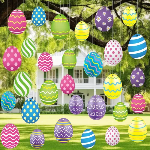 Yunlly 30 piezas de decoración de huevos de Pascua al aire libre árbol de Pascua colgantes para patio, 2 tamaños, huevos coloridos en forma de huevo
