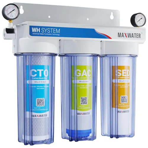 Max Water Sistema de filtración de agua estándar de 3 etapas (bueno para agua de la ciudad) de 10 pulgadas para toda la casa – Sedimento + GAC + CTO