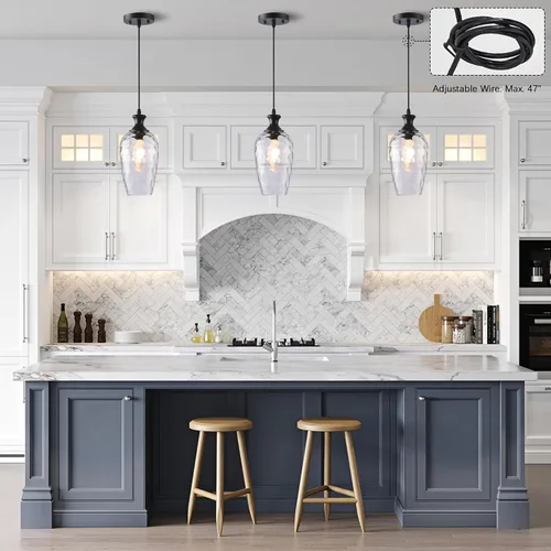 Miniatura 6 de Luces colgantes de cristal para isla de cocina, 1 luz negra con vidrio transparente soplado a mano, lámpara colgante de granja para fregadero