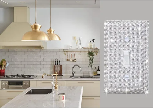 Miniatura 3 de 4 piezas de placa de pared plateada con diamantes de imitación brillantes, cubierta decorativa de interruptor de luz de una llave, cubiertas