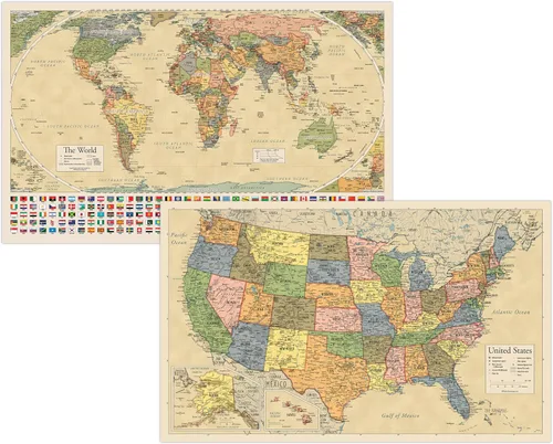 Miniatura 8 de 2 Pack - Póster de mapa del mundo laminado y set de mapa de EE. UU. - El diseño del mapa del mundo Equal Earth muestra los continentes en su Azul
