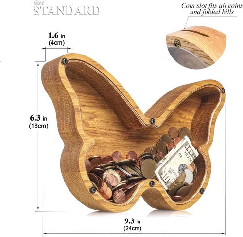 Miniatura 2 de BUTTERFLY - Alcancía para niños y niñas, caja de dinero personalizada para niños, ahorro de monedas de madera, idea de regalo perfecta