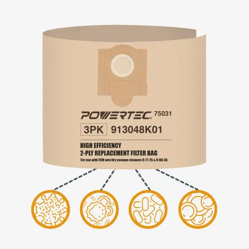 Miniatura 5 de POWERTEC Compra bolsas de vacío 3PK para Fein 913048K01, 69908195016 Bolsa de vacío, bolsas de filtro de repuesto para Fein Turbo III 9-77-25