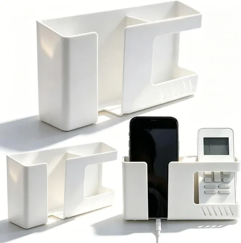 Soporte de control remoto blanco – Caja de almacenamiento adhesiva para montaje en pared para el hogar, oficina, dormitorio, sala de estar,
