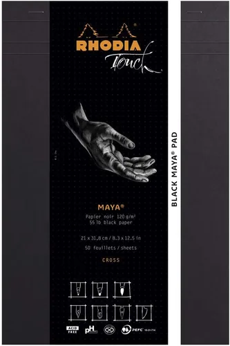 Rhodia Touch 116113C - Bloque negro Maya Pad A4+ New Ruler Cross - 50 hojas - Clairefontaine Maya papel negro 4.23 oz/m - para caligrafía y dibujo