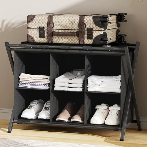 Huhote Portaequipajes para habitación de invitados, soporte plegable para maleta con estante de almacenamiento de tela de 6 cubos, soporte para