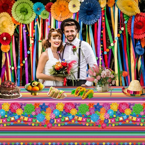 Miniatura 6 de Mantel de plástico para fiesta mexicana, 4 unidades, diseño de flores de papel a rayas mexicanas, decoración rectangular para fiesta de taco