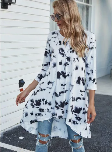 Miniatura 2 de Naggoo - Camiseta de manga 34 para mujer, diseño holgado y largo tipo túnica con cuello en V, botones, dobladillo asimétrico, casual, tallas S a 3XL