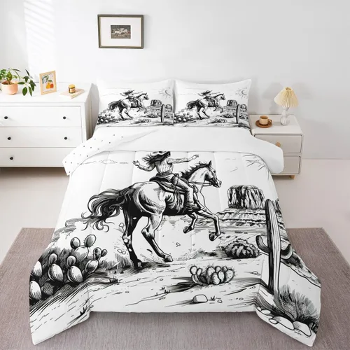 Homewish Juego de edredón de vaquera occidental, tamaño individual, juego de ropa de cama de dibujo de cactus del desierto de caballo salvaje, para