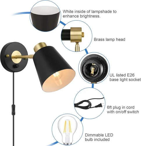 Miniatura 2 de VATONI Aplique de pared enchufable, aplique de pared regulable, luces de pared ajustables con cable de enchufe e interruptor giratorio