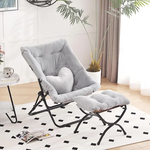Miniatura 10 de Silla Platillo con Otomán, Cómoda Silla Plegable de Gran Tamaño, Silla de Lectura de Piel Sintética para Adultos, Silla Perezosa Plegable de Acento