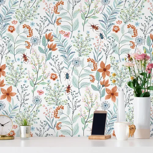 Miniatura 7 de VEELIKE Beetles - Papel tapiz floral para despegar y pegar, papel tapiz de flores azules y naranjas para dormitorio y baño, papel de contacto floral