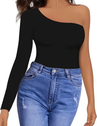 Miniatura 2 de MANGOPOP Women's One Shoulder Off Sleeveless Long Sleeve Tank Top Bodysuit Jumpsuits