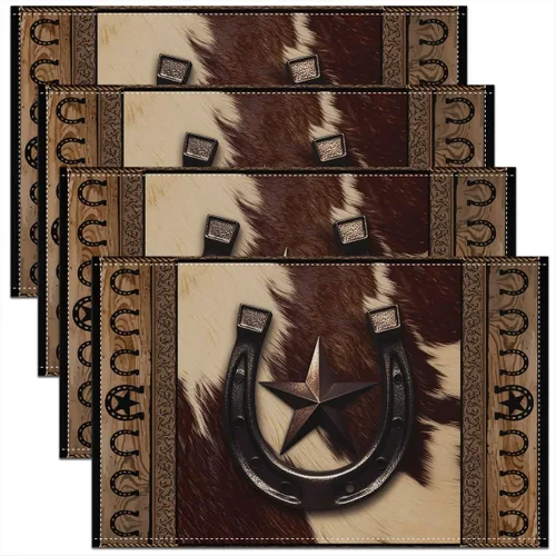 Miniatura 8 de Juego de 4 manteles individuales abstractos con flechas estilo granja, cabaña, ciervos salvajes, cornamentas, para cocina, comedor, decoración