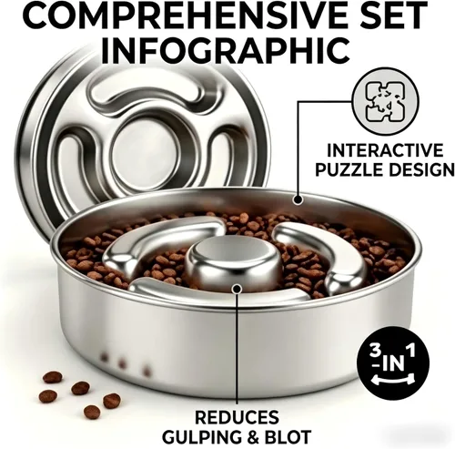 Miniatura 6 de AIPERRO Tazón de acero inoxidable para perros de alimentación lenta, 2 tazas de metal antideslizante para comida para perros, cuenco de agua