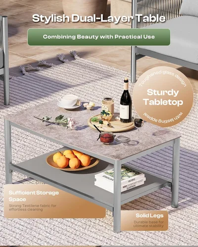 Miniatura 5 de Juego de muebles de aluminio para patio al aire libre con mesa de centro de doble capa, juegos de conversación de patio modernos de 4 piezas