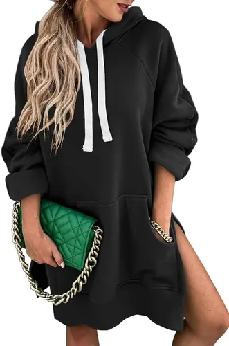 SHEWIN Vestido casual de gran tamaño para mujer, manga larga, dobladillo dividido, con cordón, con bolsillo tipo canguro