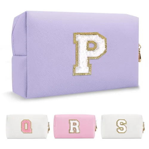 Miniatura 124 de Pequeña bolsa de maquillaje personalizada con inicial A-Z Preppy Patch, bolsa de cosméticos de viaje de felpilla blanca con cremallera, bonita bolsa