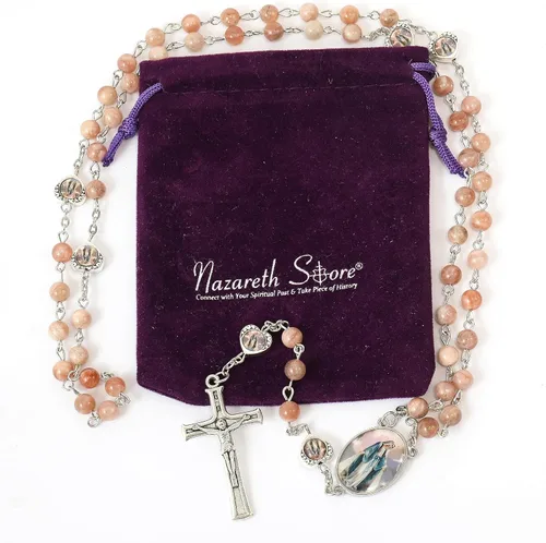 Miniatura 5 de Nazareth Store Cuentas de piedra natural con corazón de epoxi milagroso, cuentas de metal, collar de rosario, regalos cristianos de piedras preciosas