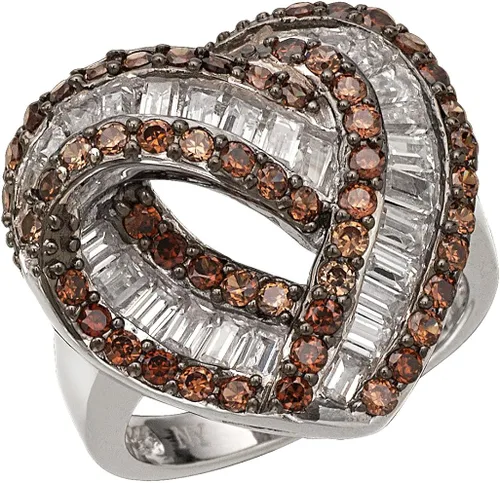 Joyería a costo en forma de corazón anillo de cóctel de plata esterlina con blanco y chocolate color CZ