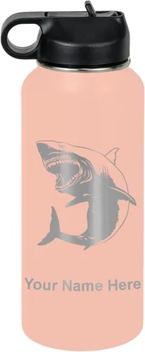 Miniatura 72 de LaserGram Botella de agua personalizada, gran tiburón blanco, acero inoxidable de doble pared aislada al vacío con popote superior, regalo grabado