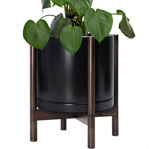 Miniatura 68 de D'vine Dev Maceta de cerámica con soporte de ébano – Maceta redonda moderna de 8 pulgadas con soporte para maceta de madera, color negro, 55-B-M-2
