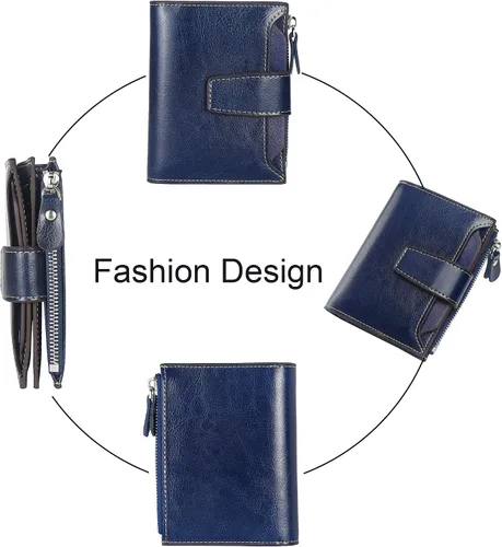 Miniatura 3 de Lavemi Pequeña cartera compacta para mujer, con bloqueo RFID, de piel auténtica, plegable, con ventanas de identificación