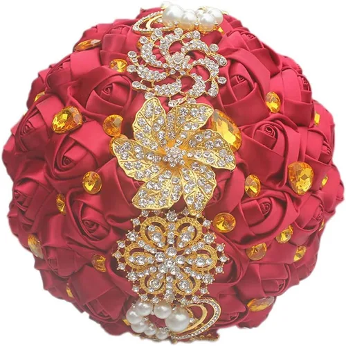 Miniatura 15 de Ramo de novia de 8 pulgadas con rosas de satén de 8 pulgadas con broches de cristal dorado hecho a medida, arreglo de centro de mesa, ramo azul real