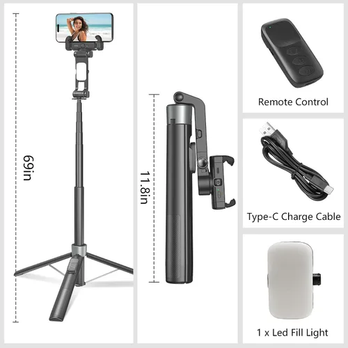 Miniatura 9 de Trípode con palo de selfie de 71 pulgadas para iPhone/Android, trípodes de seguimiento automático facial con luz, estabilizador gimbal fuerte