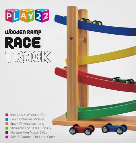 Miniatura 7 de Play22 Rampas de madera para autos de carrera, 4 niveles, pista de carreras incluye 4 autos de juguete de madera, My First Baby Toys - El juego