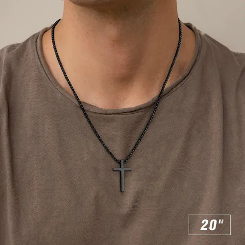 Miniatura 2 de M MOOHAM- Collar con dije de cruz de acero inoxidable para hombre, cadena de eslabones cuadrados de 16 a 30 pulgadas, color plateado, negro, dorado