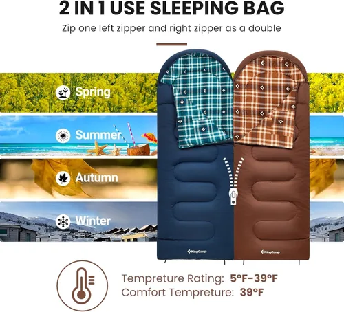 Miniatura 4 de KingCamp Saco de dormir de franela de algodón, sacos de dormir de 90 x 35 pulgadas para adultos para clima frío, grande y alto, cierre juntos