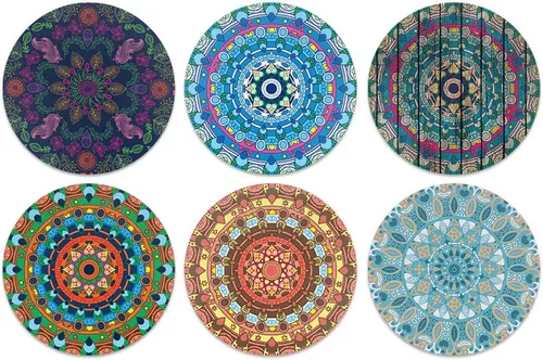, Juego de 6 posavasos de neopreno de fieltro de tela redonda absorbente con diseño de mandala bohemio para bebidas, juego de 6 piezas