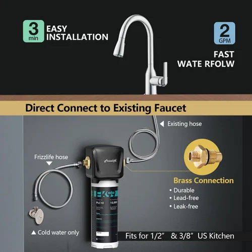 Miniatura 3 de Frizzlife Sistema de filtro de agua para debajo del fregadero, certificado NSF/ANSI 53 y 42, elimina el 99.99% de cloro, plomo, mal sabor y olor