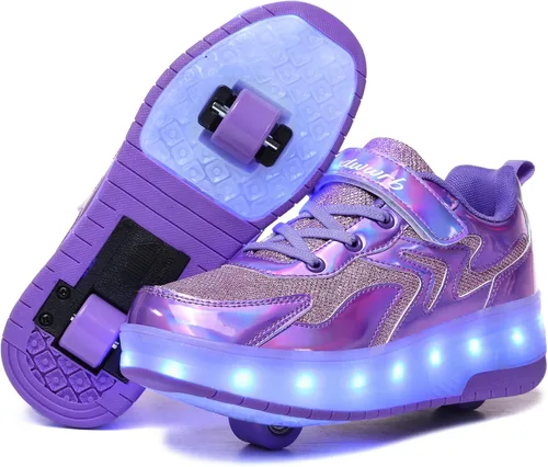 Miniatura 9 de Wooowyet - Tenis con ruedas y luces LED para niños y niñas, con ruedas, USB recargable, cierre de gancho y bucle