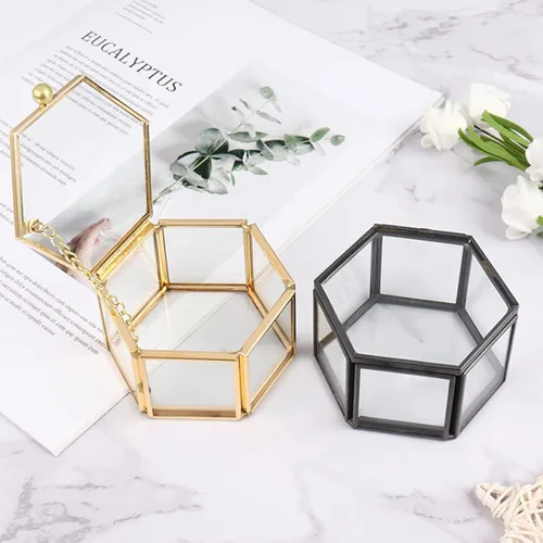 Miniatura 4 de Joyero de cristal vintage, caja de cristal hexagonal negra, caja de recuerdo para almacenamiento de anillos, aretes, baratijas, organizador de joyas