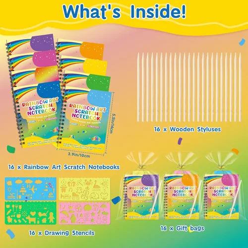 Miniatura 3 de YSCare Artículos de Fiesta de Arte de Rascar para Niños: 16 Pack Cuaderno de Arte de Rascar Arcoíris, Kit de Manualidades y Artesanías, Bolsas