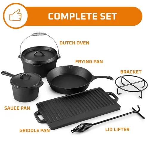 Miniatura 3 de Bruntmor Set de cocina para acampar de 7 piezas. Ollas y sartenes de hierro fundido precurado para exteriores Comefire. Juego de sartenes