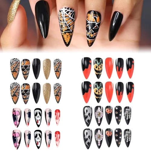 Miniatura 10 de Artquee Uñas postizas a presión de Halloween, paquete de 4 96 piezas, puntas postizas ovaladas cuadradas cortas con diseños de fantasma, llama